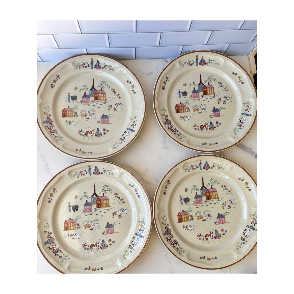 Vtg Newcor Our Country 6004 Stoneware Dinner Plates Set of 4 Cottage Farm Folk